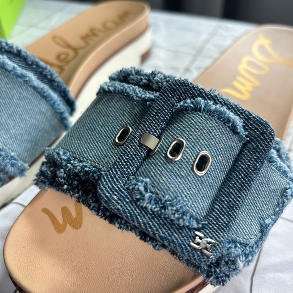 Sam Edelman Ariane Fray Blue Denim Slide Sandals - Picture 9 of 11